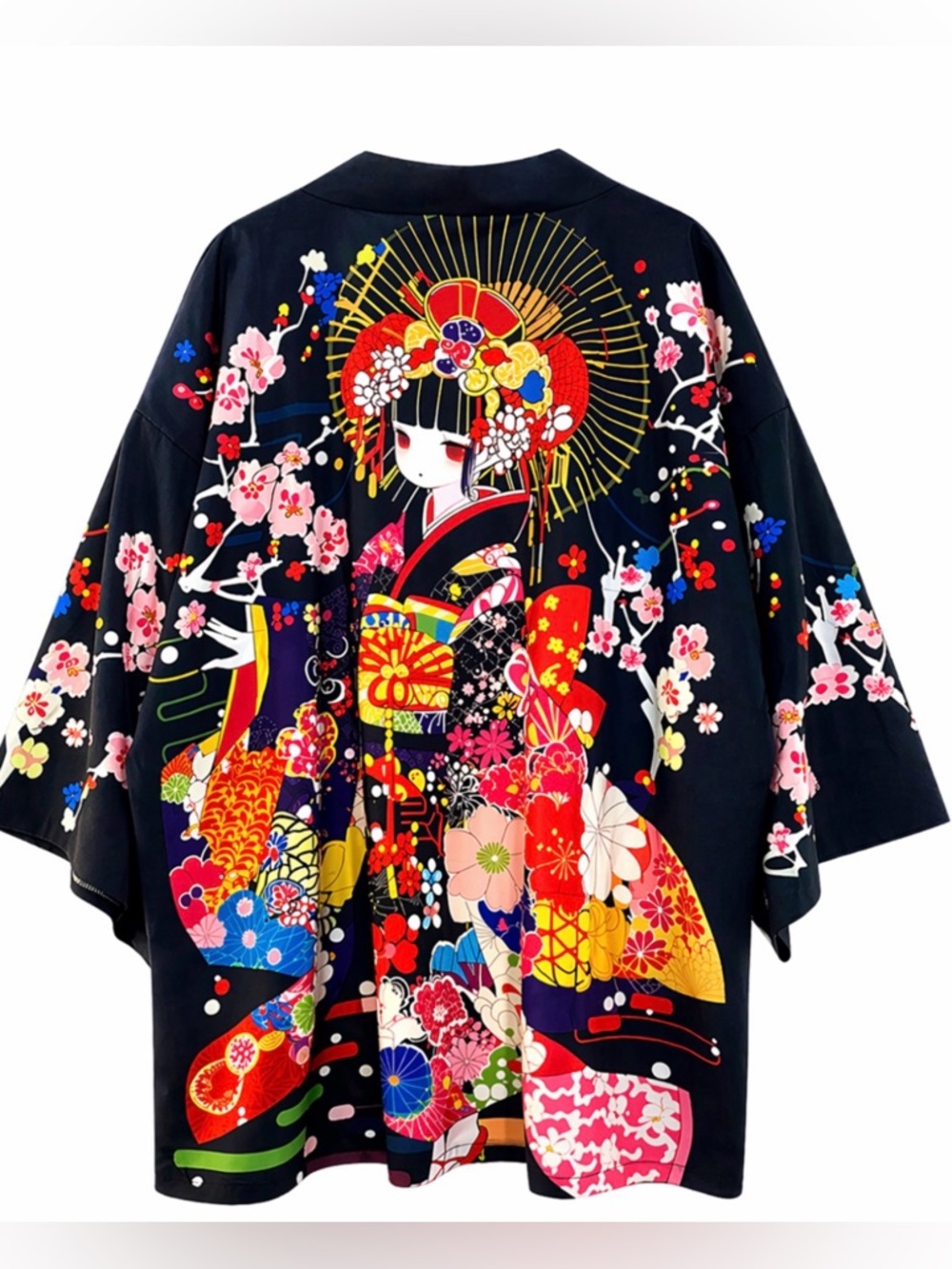 Japanese Geisha Kimono Cardigan – Black Floral Open Front Cover Up - Size XL